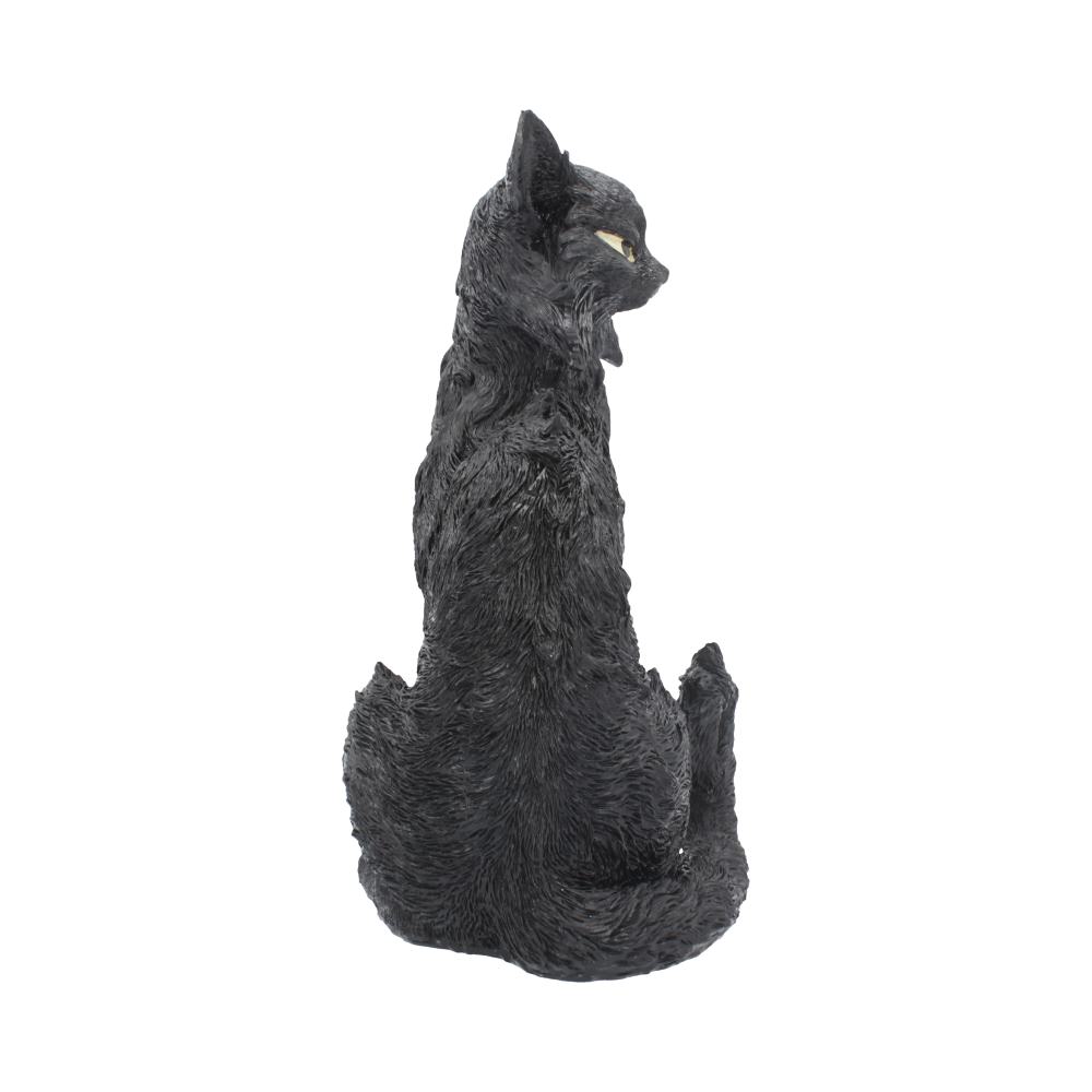 A black cat figurine is sitting upright, facing sideways. Its detailed fur is sculpted intricately, with an alert expression. The background is plain white.