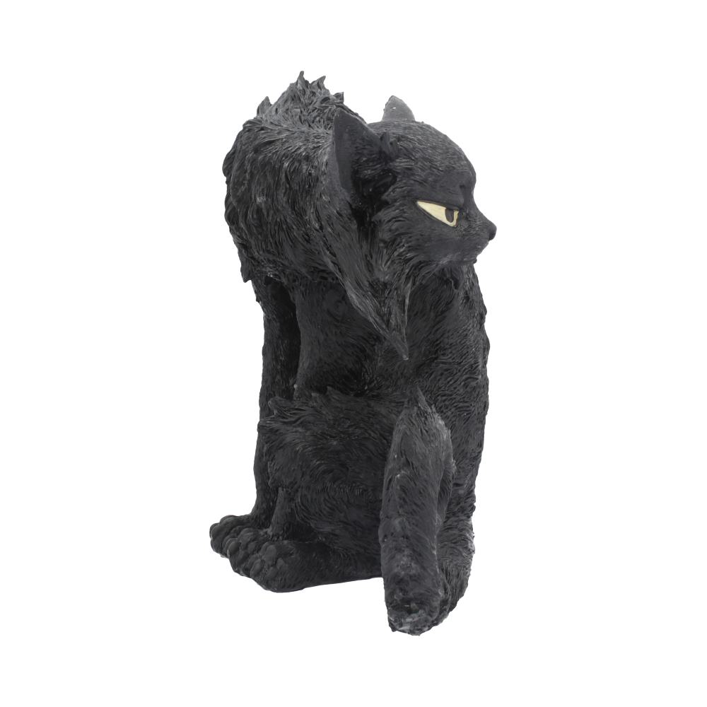 A textured black cat figurine sits with its head turned to the side, showcasing its sharp eyes. It is situated against a plain white background.