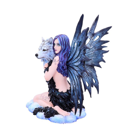 A kneeling fairy with blue hair and wings is hugging a white wolf. The fairy is kneeling on a cloud-like pedestal.