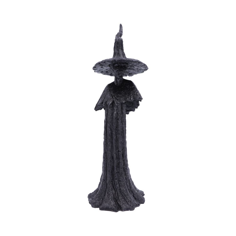 A dark, textured statue depicts a robed figure wearing a wide-brimmed, pointed hat, suggesting a mystical or wizard-like character. The figure stands upright against a plain white background.