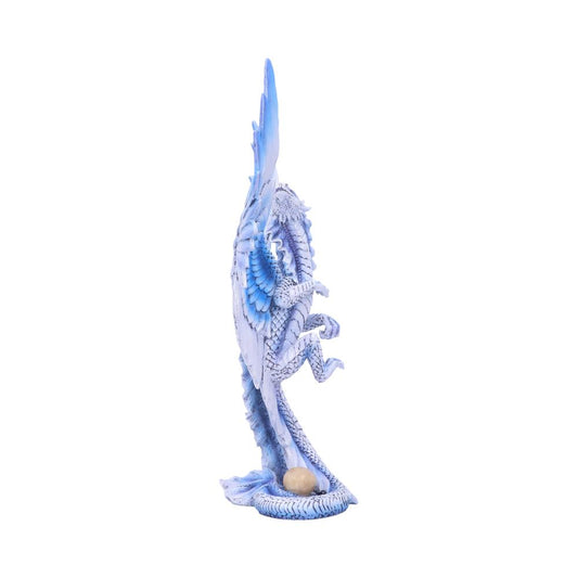A blue dragon figurine, in profile, wraps around a base with a spherical object beneath it. It features detailed scales and wings, set against a plain white background.