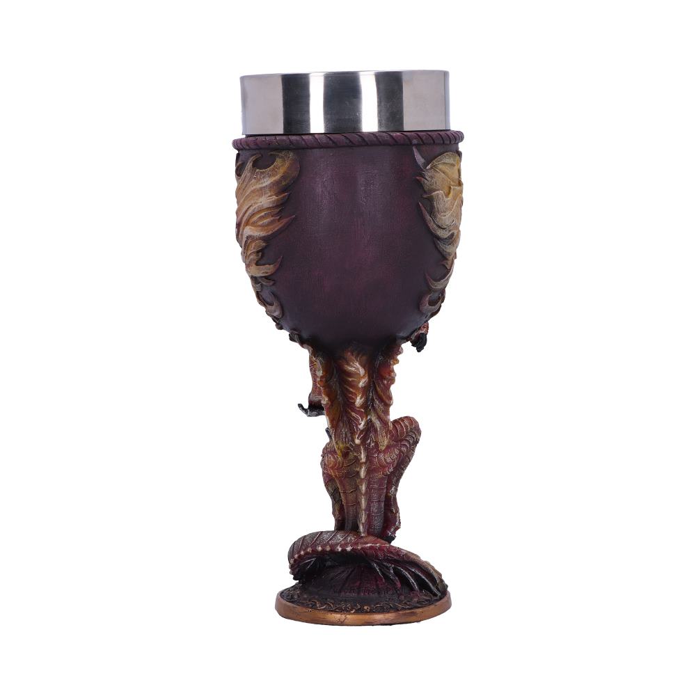 A maroon goblet with a stainless steel rim is supported by a dragon's claw. The base is gold and maroon against a plain white background.