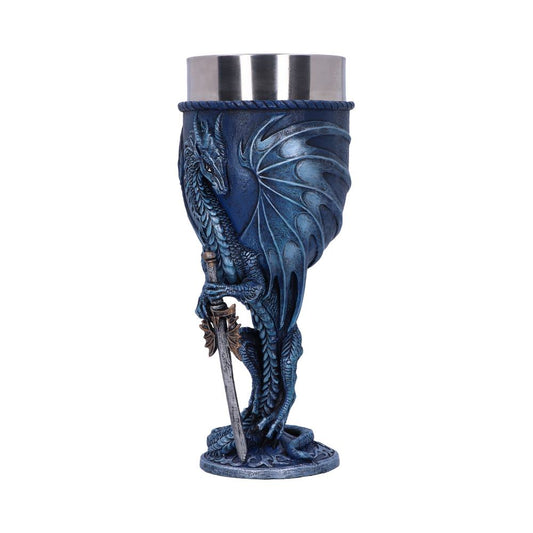A decorative drinking mug features a blue dragon clutching a sword. Its body wraps around the container, with spread wings and detailed scales and texture. The object sits in a white space.