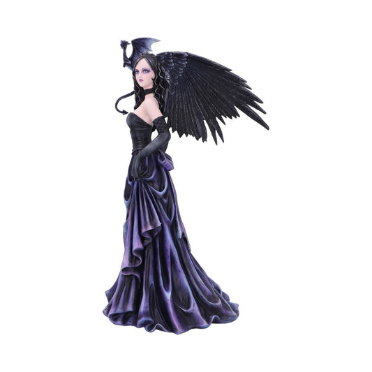A figurine of a pale woman wearing a black dress and gloves, with dark wings and a dragon headpiece, stands gracefully against a plain white background.