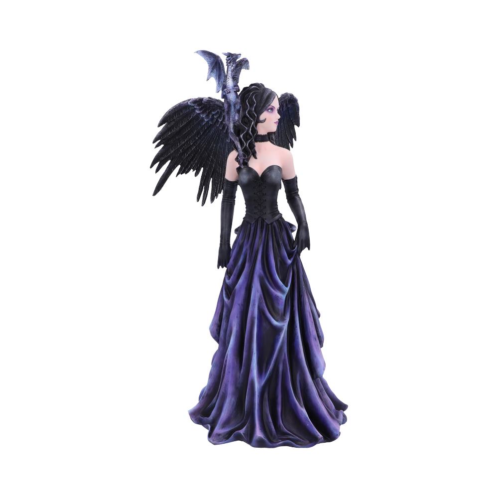 A figurine of a woman with black wings, wearing a dark, flowing gown and gloves, stands gracefully. A small dragon perches on her shoulder. The background is plain white.