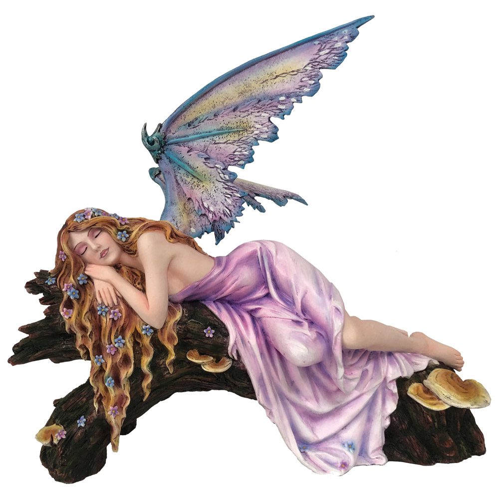 A winged fairy sleeps, reclining on a dark, mossy log dotted with mushrooms and small flowers. She is wearing a light purple gown.