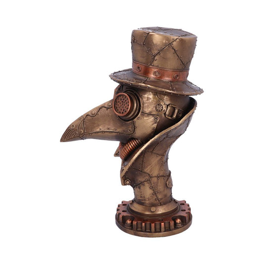 A steampunk-inspired plague doctor mask sculpture features metallic gears and rivets, wearing a tall hat. It stands on a cogwheel base, set against a plain white background.