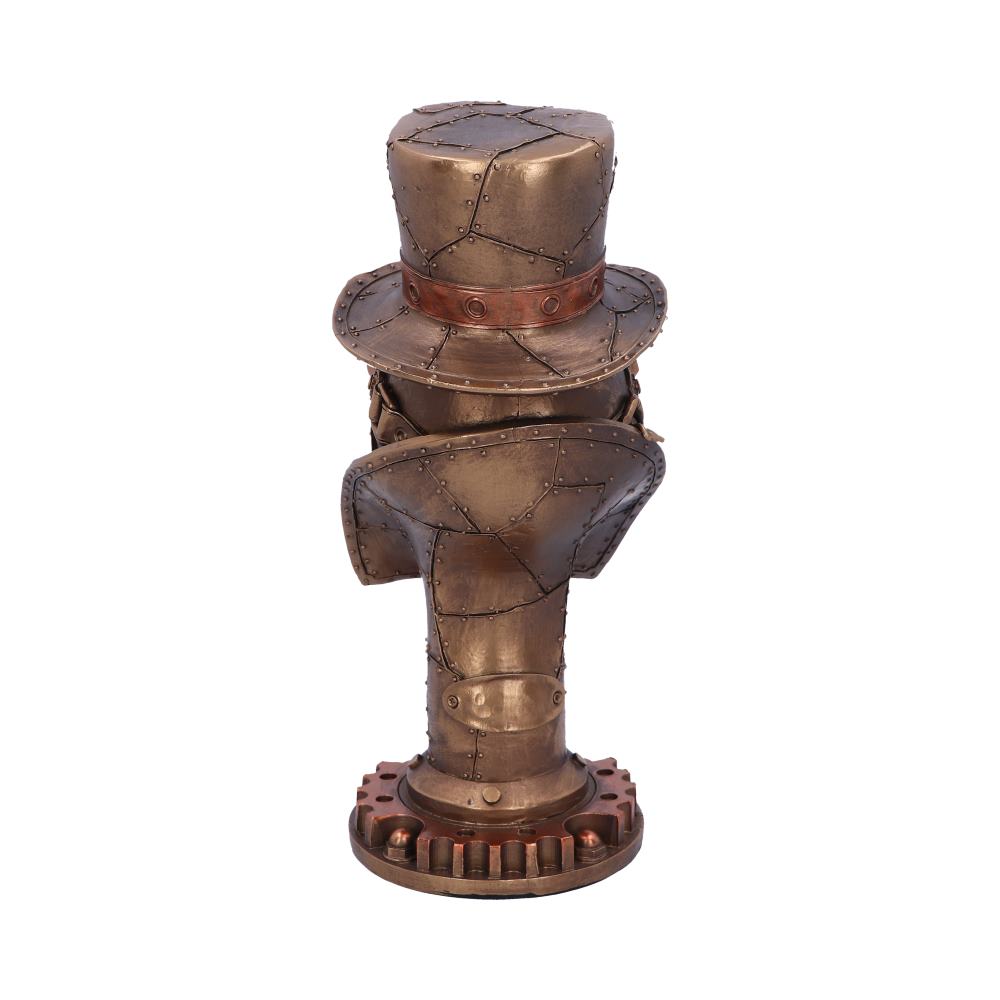 A bronze, steampunk-inspired top hat sculpture with riveted metal panels sits on a mechanical base, evoking industrial elements in a minimalist white background.