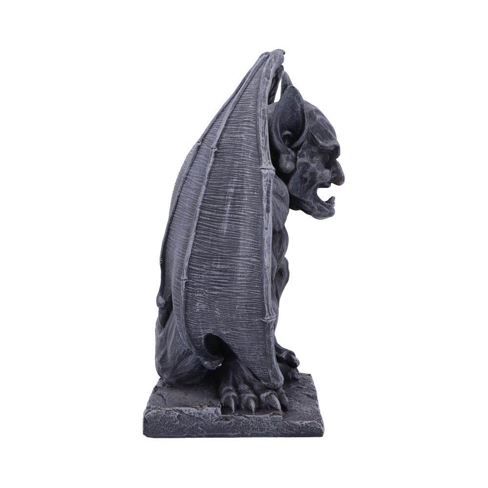 A gray, stone-like gargoyle statue sits on a square base, wings folded back, mouth open in a silent roar, against a white background.