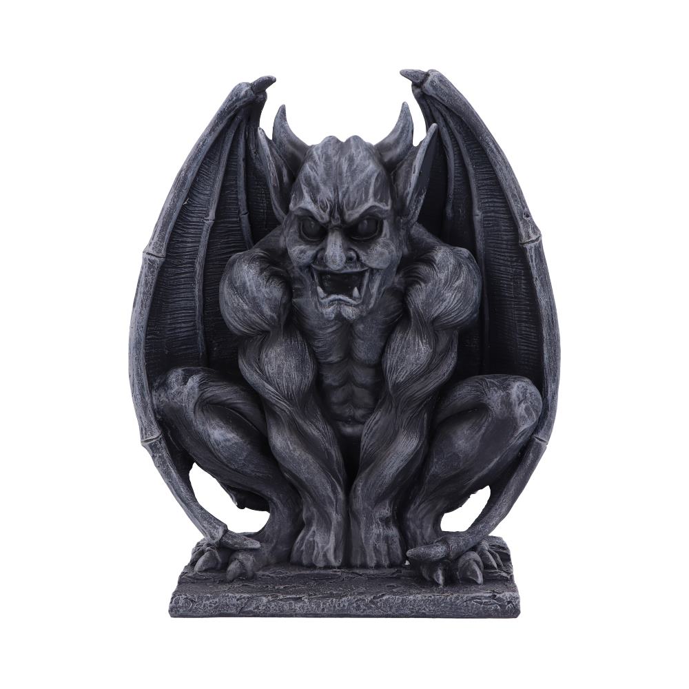 A stone gargoyle statue squats with wings spread on a stone base, snarling forward, centered against a white background.