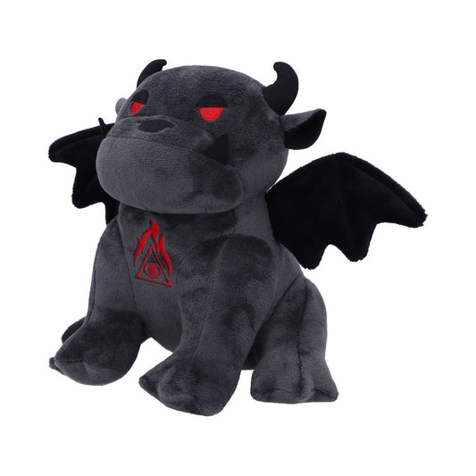 A gray dragon plush toy sits with spread wings. It has horns, red eyes, and a red symbol on its chest, all against a white background.