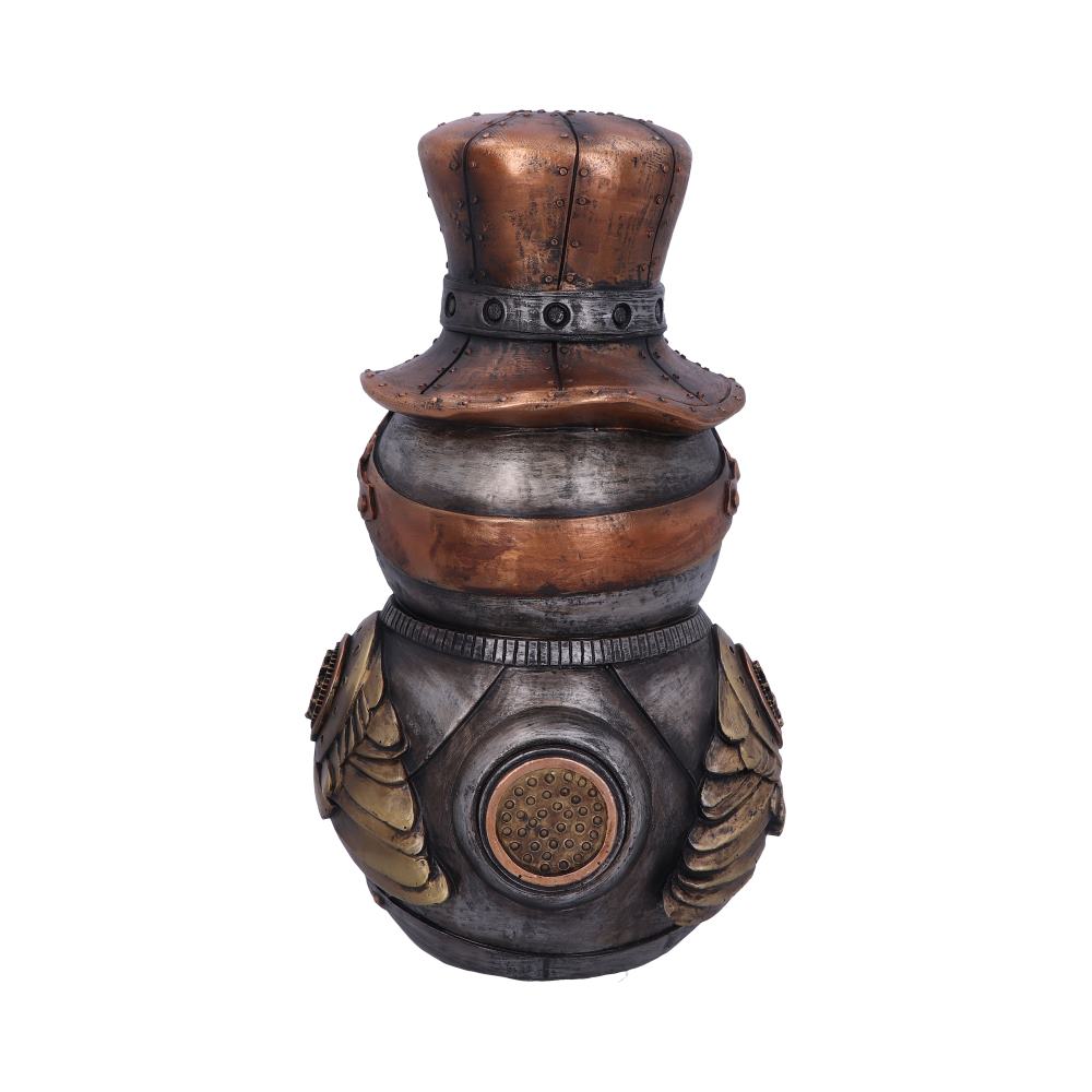 Steampunk-inspired sculpture featuring a metallic figure with a top hat, accented with rivets and gears. It displays wings on the side, evoking a mechanical, retro-futuristic aesthetic.