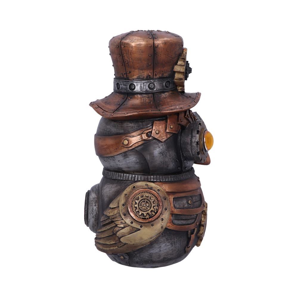 A steampunk-themed sculpture features a snowman figure adorned with metallic gears, a top hat, goggles, and brass embellishments, set against a plain white background.