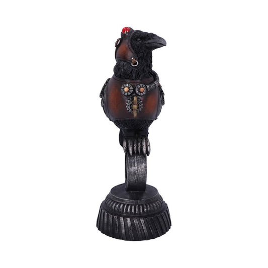 A detailed raven figurine stands upright on a circular base, adorned with armor featuring red and silver accents, giving it a medieval appearance, set against a plain white background.