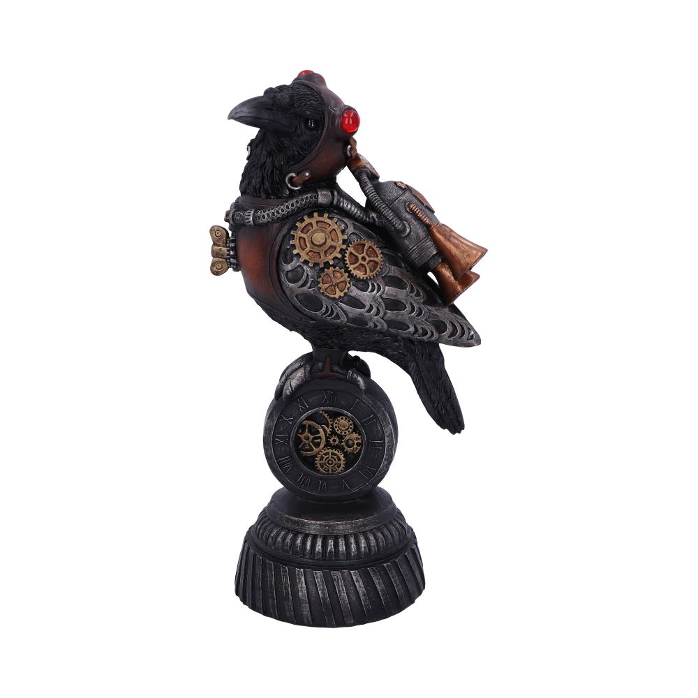 A steampunk-style raven sculpture adorned with gears and machinery perches atop a clock face. The bird's design includes intricate metallic elements, set against a plain background.