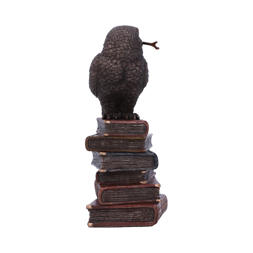 A bird figurine perches atop a stacked pile of books, creating a whimsical appearance. The setting is simple, with a plain backdrop emphasizing the detailed textures of both the bird and books.