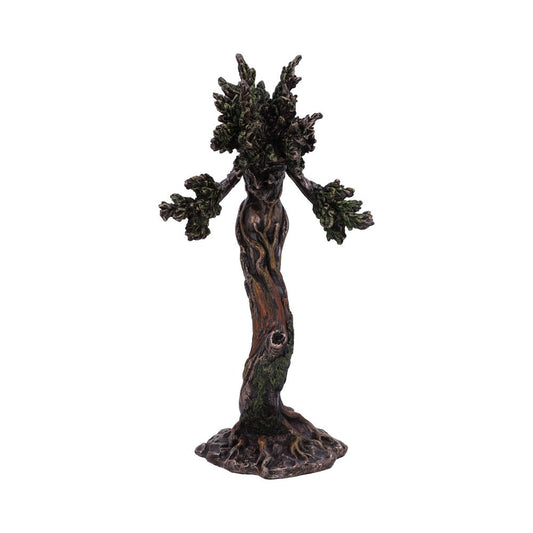 A twisted tree sculpture stands upright, mimicking humanoid form with branch-like arms and a leafy crown, set against a plain white background.