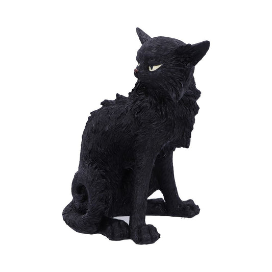 A black cat figurine sits, looking to the side with a slightly arched back and detailed fur texture. The background is plain white.