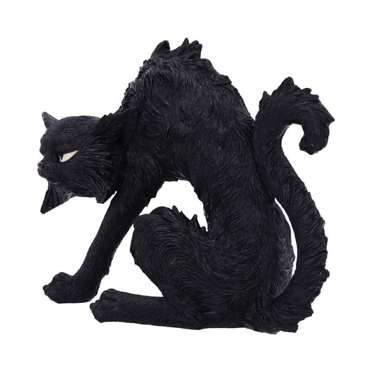 A black cat figurine is arching its back and raising its tail, appearing alert or agitated, set against a plain white background.
