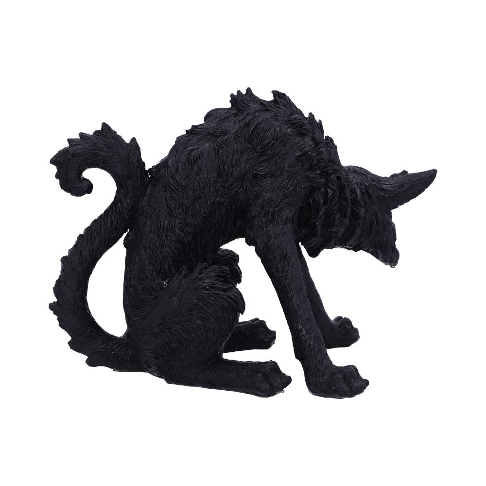 A black cat sculpture crouching with arched back and curled tail, its head lowered, set against a plain white background.