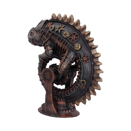 A steampunk chameleon sculpture, adorned with gears and mechanical details, perches on a circular base. The design integrates metallic elements, creating an industrial, futuristic appearance against a plain background.