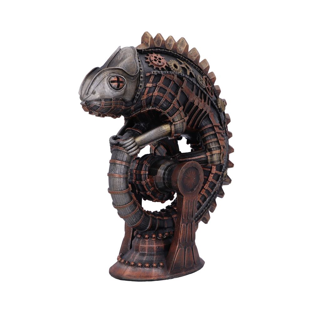 A steampunk chameleon sculpture, appearing mechanical with metallic gears and panels, rests on a base. Its intricate design combines industrial and fantasy elements in a neutral, isolated environment.