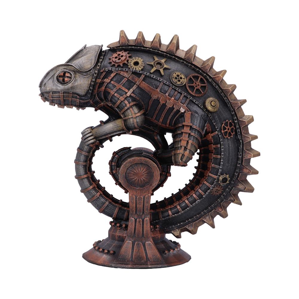 A steampunk-inspired chameleon sculpture made of metal gears and cogs, positioned in a curled posture, against a plain white background.