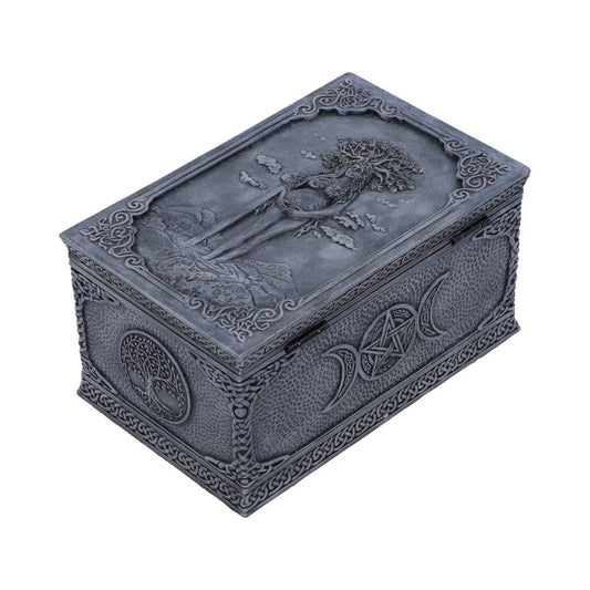 A rectangular ornamental box features intricate Celtic-inspired designs. It displays nature-themed engravings like a tree and moon symbols, creating a mystical appearance. The box rests on a plain white surface.