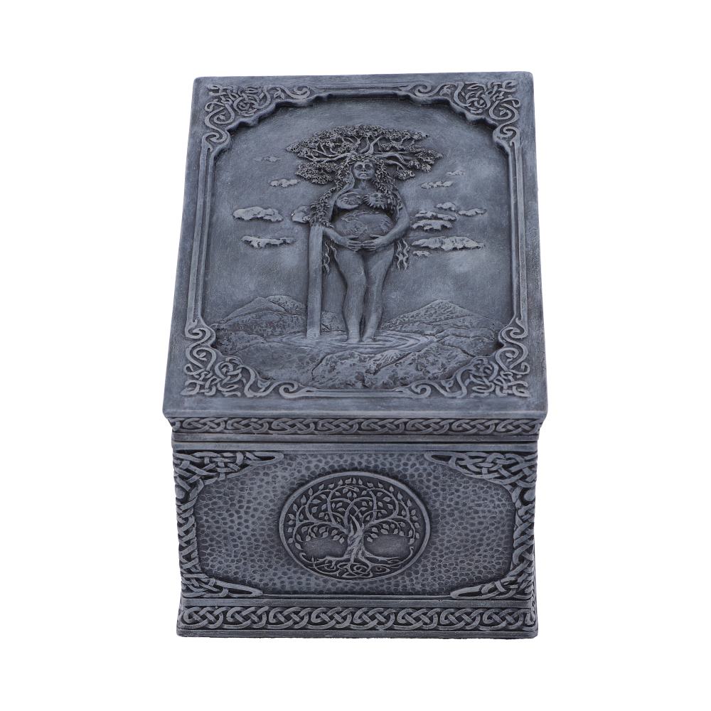 A stone-like, ornate box features a relief of a figure standing with a staff, set against a mountainous backdrop. Celtic knots and a tree emblem decoratively frame the scene.