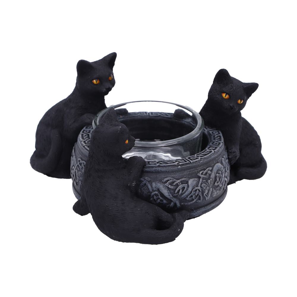 Three matte black cat figurines surround a gray, Celtic-knot-patterned bowl with a clear glass insert. Two cats sit, looking right; one reclines, looking left. The background is white.