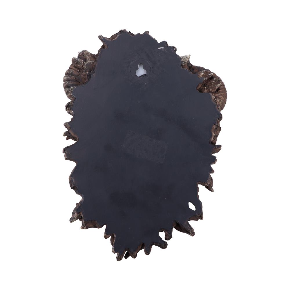 Rugged plaque back, featuring a central keyhole for hanging, surrounded by an uneven bark-textured border, suggesting rustic or natural design elements.