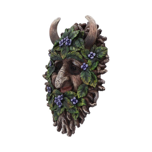A decorative mask with a human face is adorned with green leaves, purple berries, and two curved horns, creating an earthy, woodland aesthetic against a plain white background.
