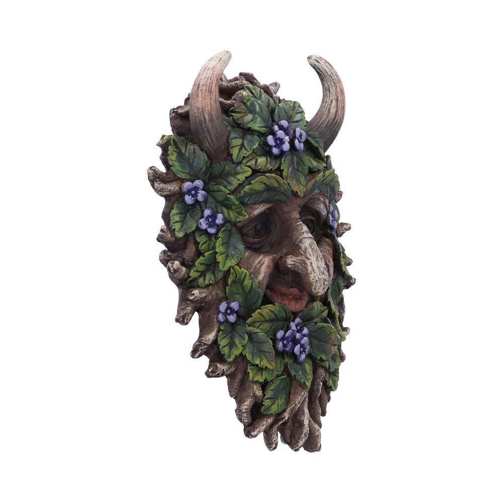 A wall-mounted mask depicting a mythical face with horns, adorned with green leaves and purple flowers, gives an outdoor, rustic feel.