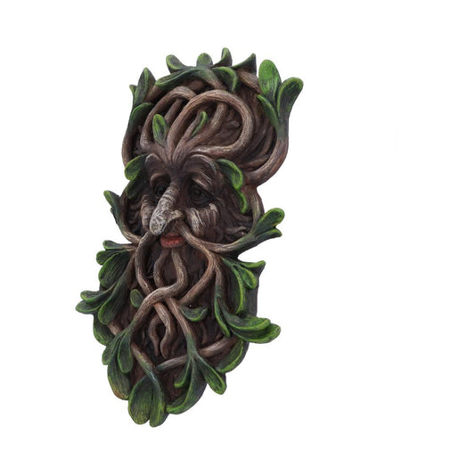 Decorative sculpture of a face with features made from twisted branches and green leaves, creating a mythical, nature-inspired appearance, isolated on a white background.