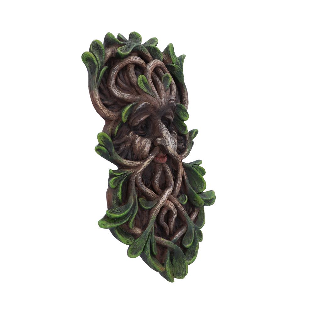 Carved wooden face intertwined with branches and green leaves, conveying a nature-themed, mythical appearance. The object is set against a plain, white backdrop.