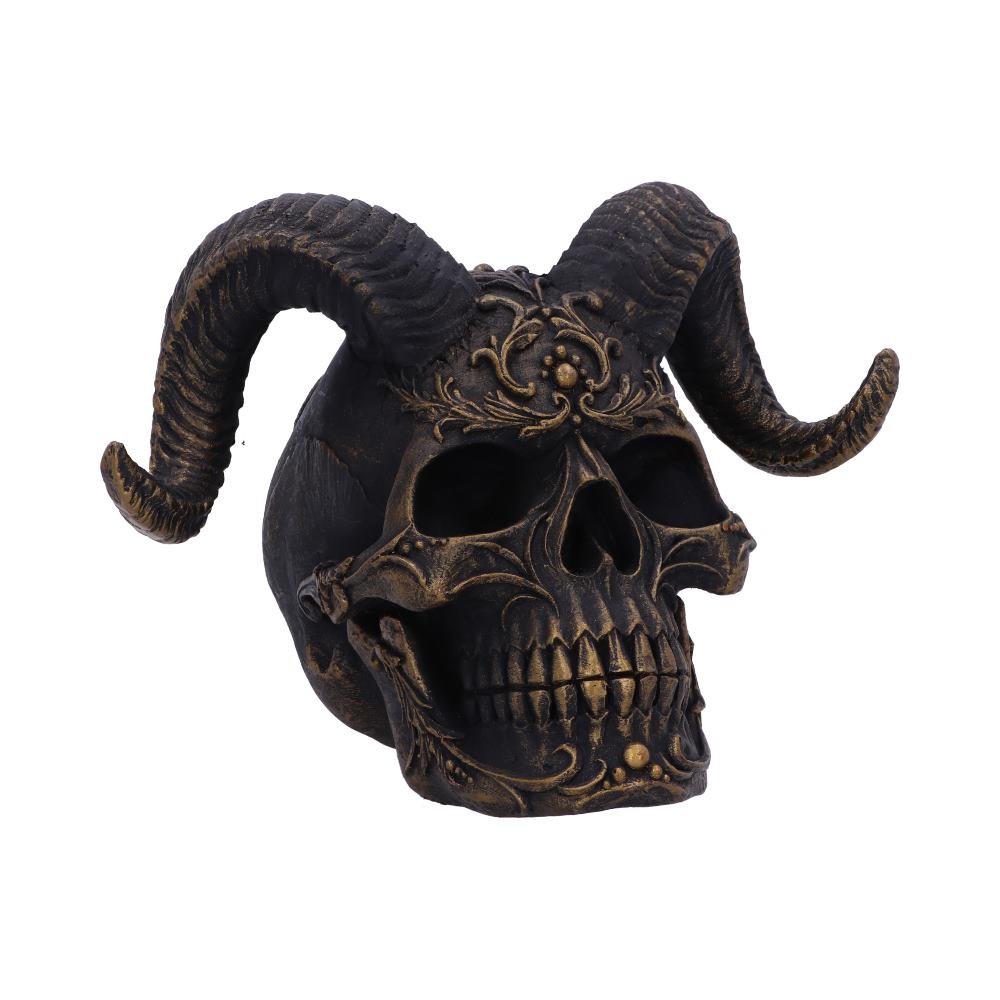 Diabolus 18 cm – antique-gold and black horned skull with ram horns, ornate resin gothic figurine