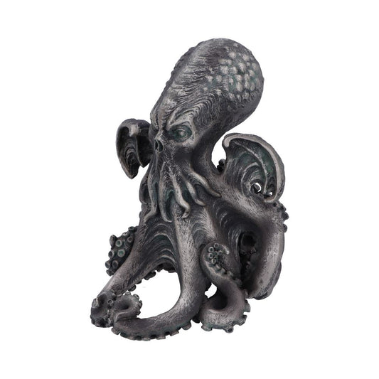 A sinister, metallic-grey octopus with humanoid features and bat-like wings rises, its tentacles curled menacingly, set against a plain white background.