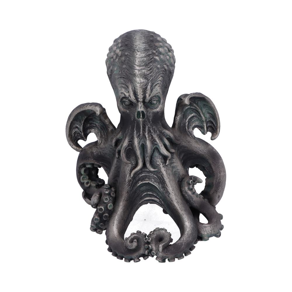 A metallic-looking Cthulhu-like octopus statue has tentacles swirling at the bottom, wing-like structures at its sides, and an elongated head. It sits against a plain, white background.