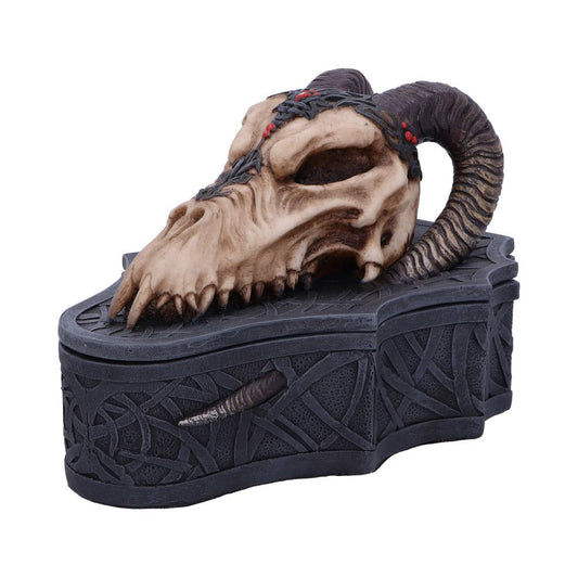 A decorative box features a sculpted goat skull with twisted horns and intricate designs. The skull lies atop a dark, intricately patterned container, creating a gothic and mystical ambiance.