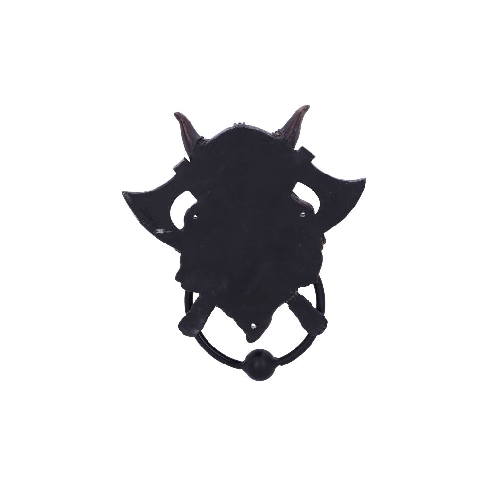 A Viking-themed door knocker, shaped like a horned helmet and axes, hangs against a white background.