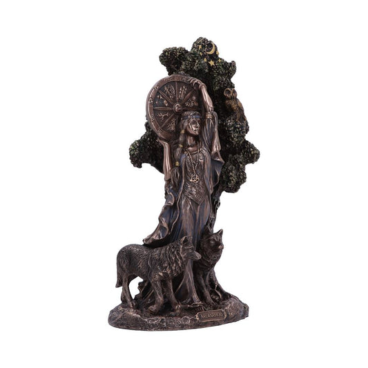 A bronze-colored statue of a robed figure holding a wheel stands under a tree with two wolves nearby. An owl perches on a branch. Base reads "ARDNAMHOOR."