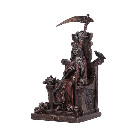 Skeletal figure, holding a scythe, sits regally on a throne adorned with skulls and intricate carvings, accompanied by a raven. The base reads "HEL."