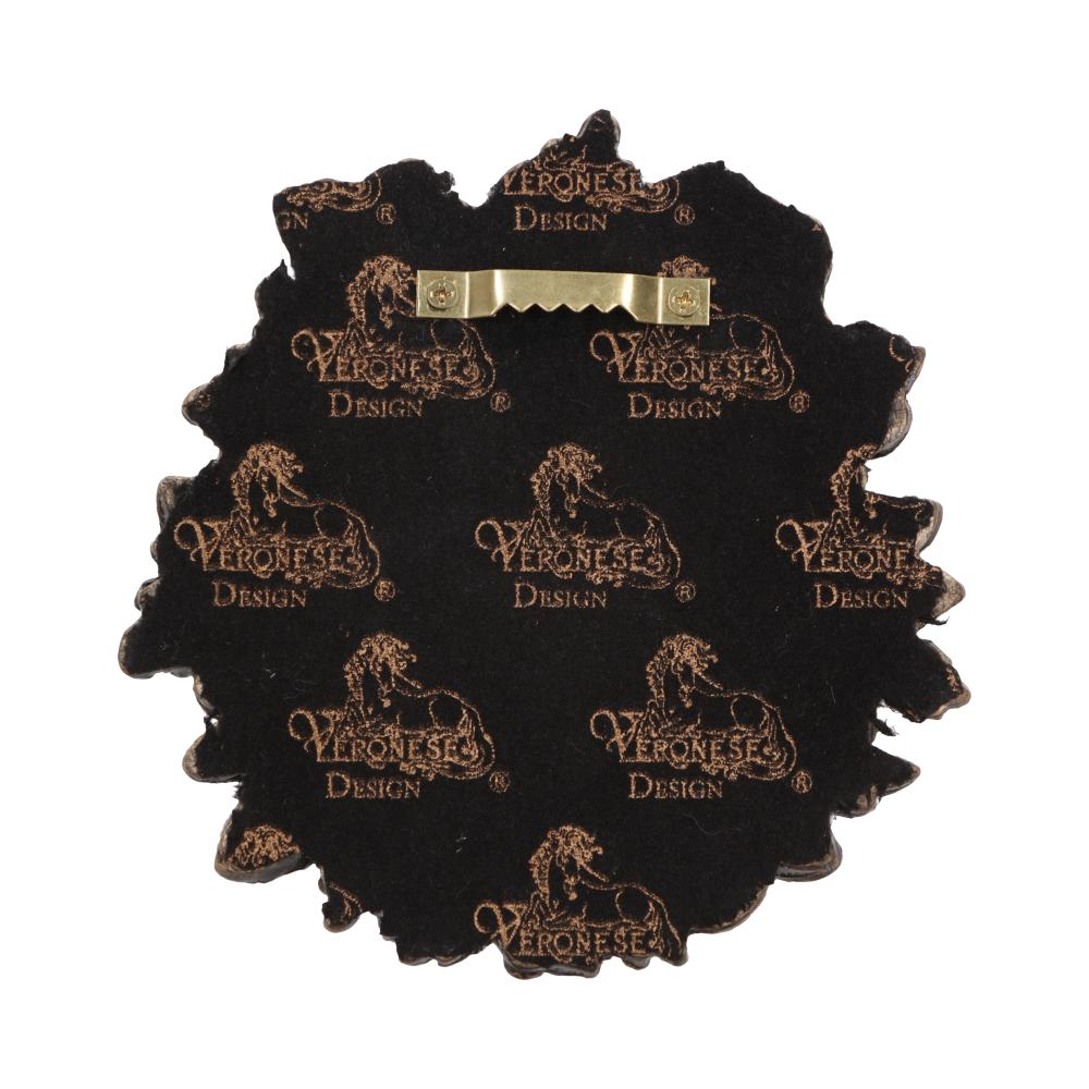 A decorative object with a scalloped edge features the text "VERONESE DESIGN" repeatedly, along with a horse logo. A metal hanging bracket is attached in the center on a black background.