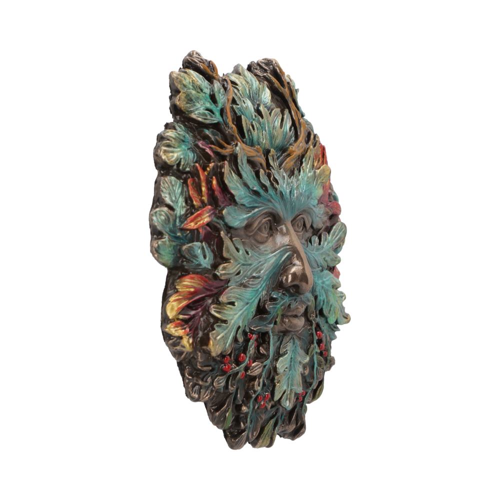 A decorative mask features a human face intertwined with colorful, detailed leaves and berries, suggesting a nature theme. The intricate design gives the appearance of a mythical or seasonal figure.
