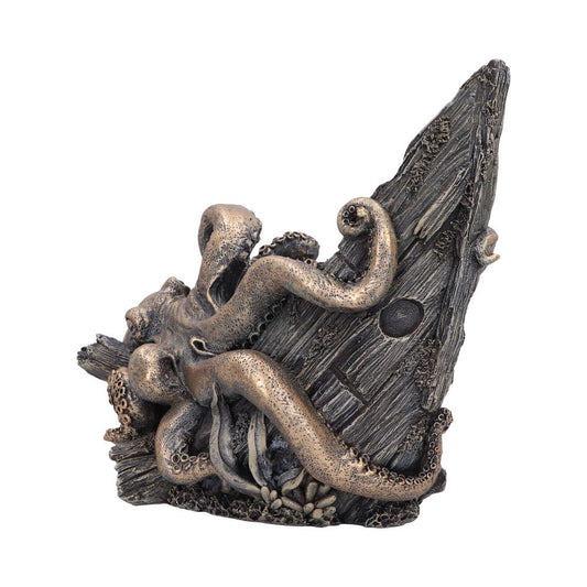 A bronze-hued octopus wraps its tentacles around a weathered, wooden ship's hull, suggesting an underwater scene. The octopus exhibits detailed textures, enhancing the maritime theme.