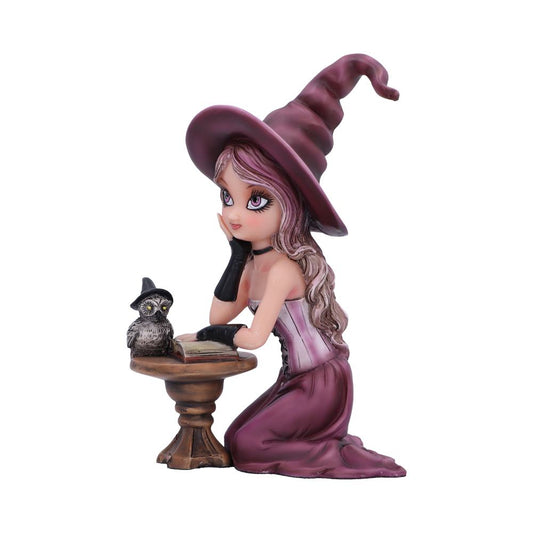 A figurine of a young witch in a pointed hat kneels beside a small table with an owl and an open book, appearing thoughtful, against a plain white background.