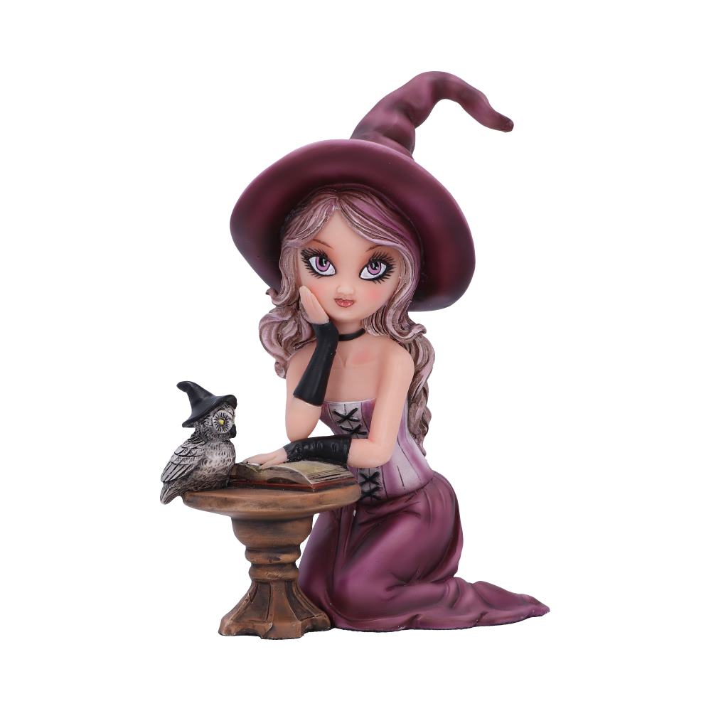 Figurine of a young witch kneeling and reading a book on a table with an owl wearing a hat. The witch wears a purple dress and matching hat.