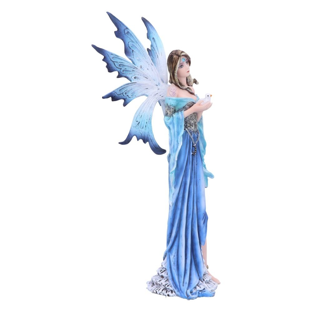 A blue-gowned fairy, wings extended, gently cradles a white bird in her hands. She is on a plain, light background.