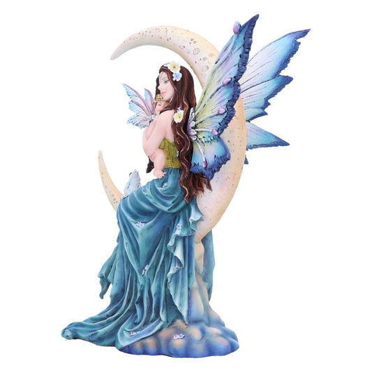 A fairy with blue wings and a flowing blue dress is holding a baby fairy while sitting on a crescent moon, set against a white background.