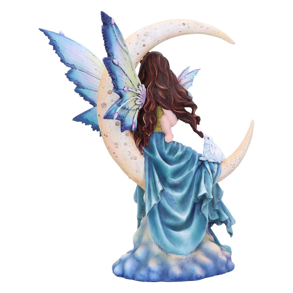 A fairy with large blue and violet wings sits on a crescent moon, facing away. Her gown flows to a cloud-like base, and a white owl perches near her.